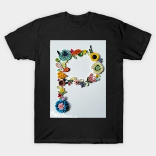 Printed Paper quilling Art. Flower letter. Handmade T-Shirt